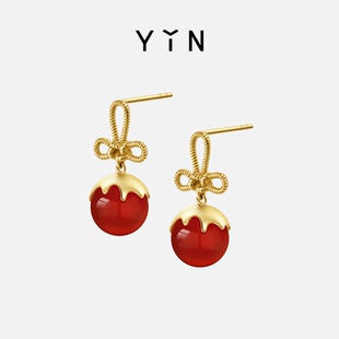 「怡」小糖球冰糖葫芦18K金耳饰平安万字结红玉髓耳坠情人节礼物