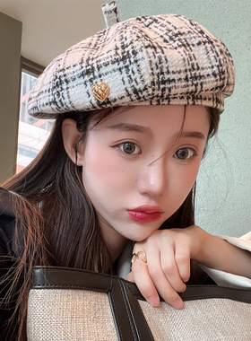 粗纺小香风贝雷帽女秋冬复古画家帽格子显脸小优雅网红ins气质潮