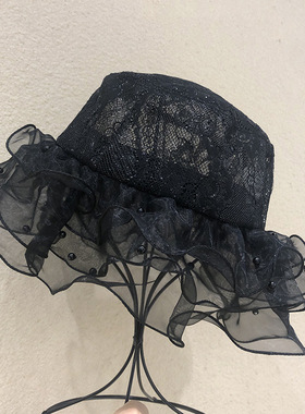 韩版萝莉蕾丝小沿渔夫帽子女出游拍照遮阳夏薄网纱波浪平顶盆帽潮