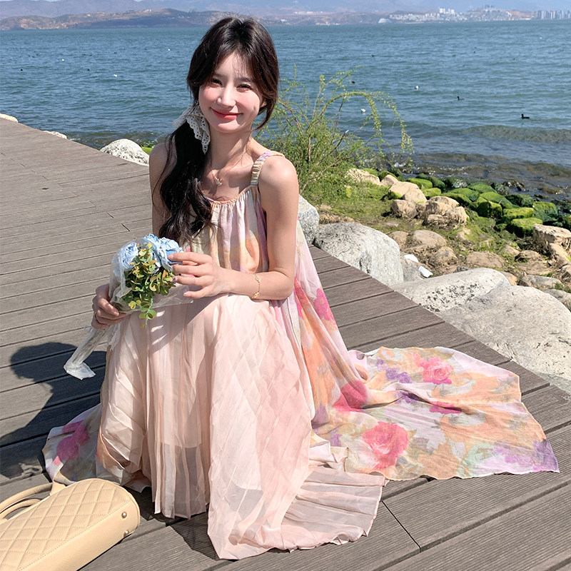 法式度假风粉色碎花吊带连衣裙女2025年夏季新款气质超仙网纱长裙,女装连衣裙,浙宝079