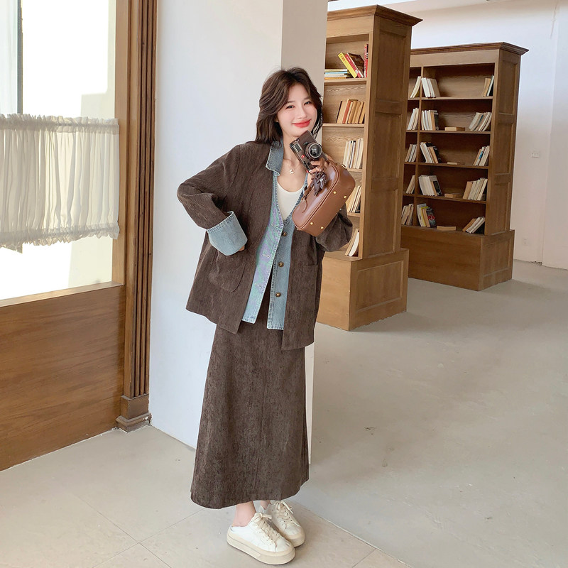 【新款】咖色假两件牛仔拼接外套套装8008-p185-k298,商品下架区,浙宝079