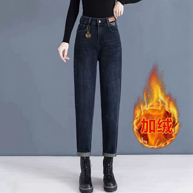 加绒哈伦牛仔裤女2025新款秋冬韩版高腰显瘦萝卜裤宽松直筒老爹裤