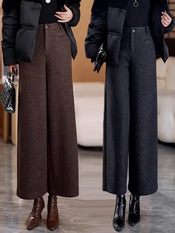 毛呢阔腿裤女秋冬2025年新款高腰宽松加厚直筒裤九分西装休闲裤子