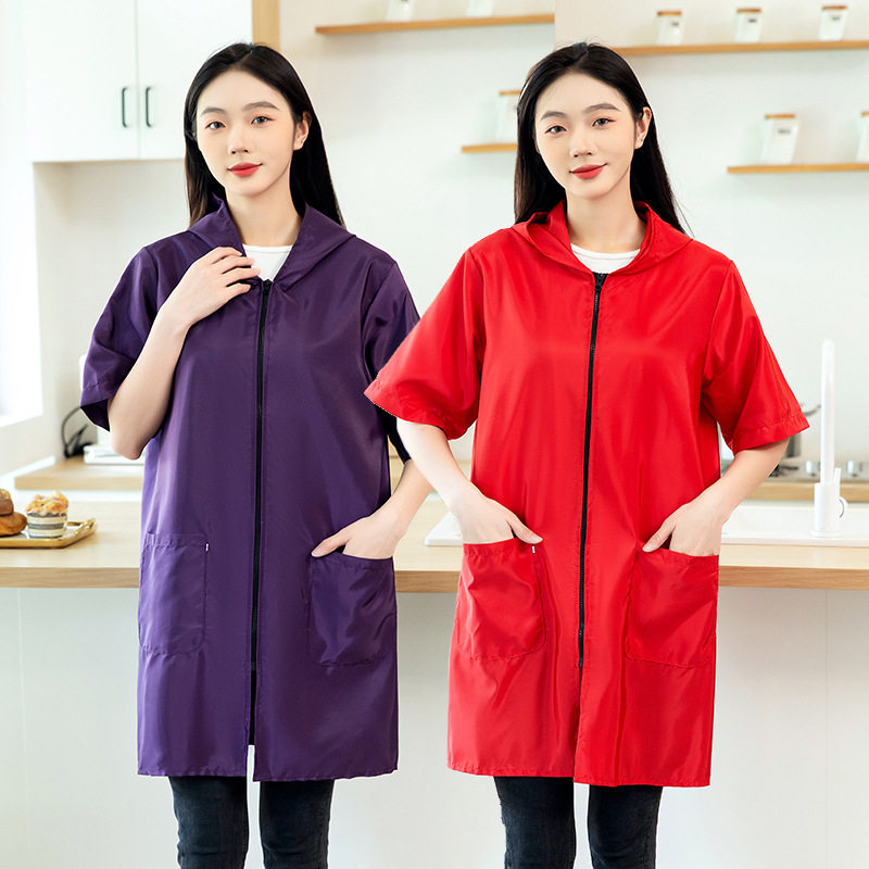 纯色短袖罩衣男女夏天薄款外套工作服单层透气防水油家用围裙大褂