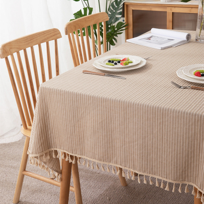 日式灰复古条纹流苏边餐桌布艺