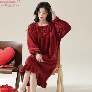 睡裙女秋冬季红色珊瑚绒保暖法式公主风本命年法兰绒家居服秋冬款