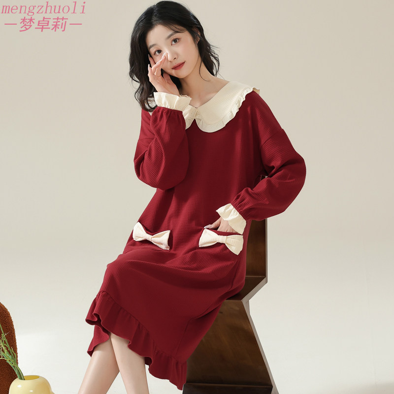 红色睡裙女春秋季纯棉长袖减龄娃娃领甜美可爱公主风本命年家居服