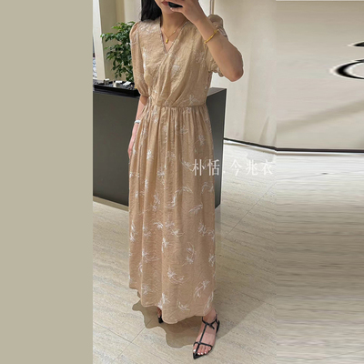 系带中长裙天丝植绒提花连衣裙