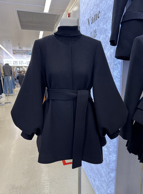 VANE百搭系带呢子大衣2025冬装新款韩版时尚泡泡袖斗篷显瘦外套女