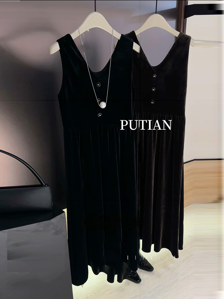 PUTIAN复古休闲宽松背带裙2025秋装新款韩版时尚百搭金丝绒连衣裙