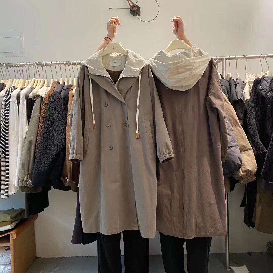 SELF假两件连帽加绒里风衣秋冬装新款双排扣中长款外套女5662-1