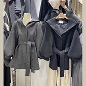 VANE时尚 小个子百搭显瘦大衣女 韩版 连帽系带毛呢外套2025冬装 新款