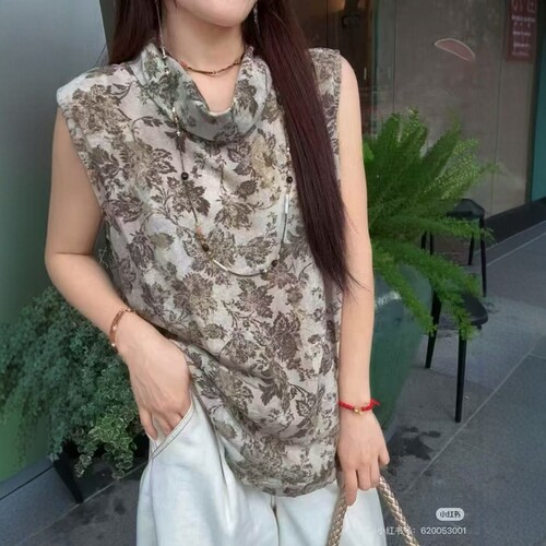 复古休闲印花堆堆领无袖女衬衫夏