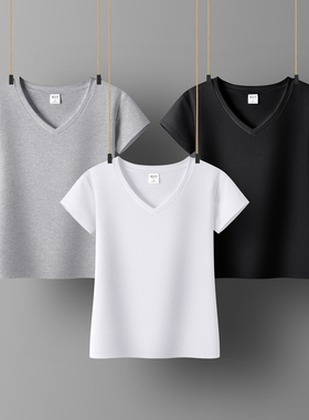 纯色v领t恤女士修身白色打底衫百搭短款2025夏装紧身黑色内搭上衣
