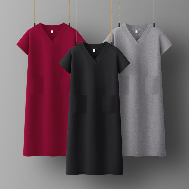 宽松v领连衣裙女短袖秋装休闲黑色过膝中长款韩版遮肚子显瘦长裙