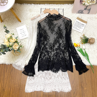 蕾丝T恤打底衫 洋气网纱长袖 2025中长款 别致流苏镂空连衣裙女秋季