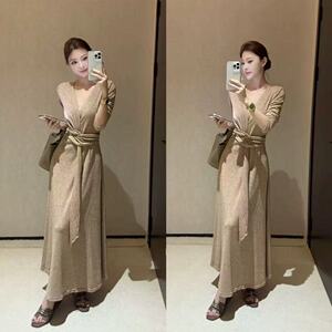 纯欲气质V领长袖连衣裙女2026春季新款绑带收腰修身显瘦百搭长裙