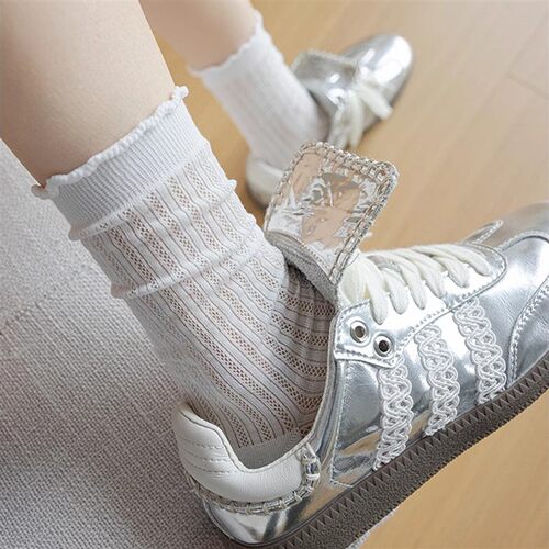 白色木耳花边蕾丝中筒袜子女ins潮夏季薄款网眼镂空透气堆堆袜子