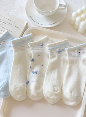 浅蓝蝴蝶结网面袜子女短袜夏季蓝色薄款透气奶白浅口船袜甜美日系