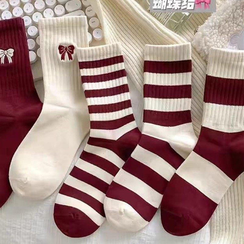 2025网红爆款安可拉条纹袜子女中筒酒红miu系蝴蝶结少女袜本命年