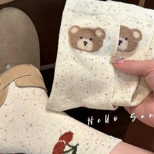 可爱小熊图案袜子点子纱日系中筒袜学院风袜子春秋款ins潮韩国袜