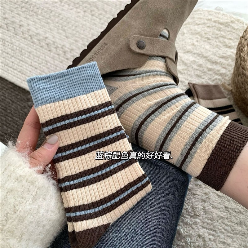 袜子女春秋冬韩系ins条纹中筒袜海盐中筒袜女袜百搭堆堆中筒袜