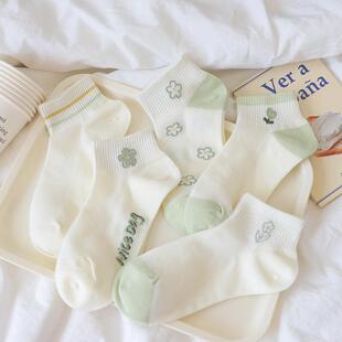 短袜 透气运动小花低帮夏季 网眼绿色袜子女短袜浅口ins潮夏季 薄款