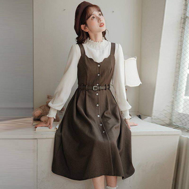 早春复古背带裙套装连衣裙少女春季2025新款感气质裙子两件套