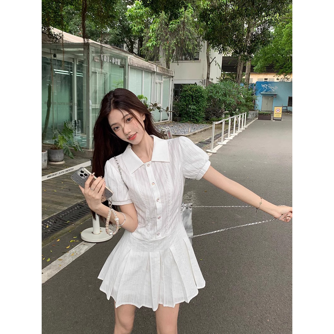 学院风白色衬衫连衣裙子女装2026新款夏季小个子百褶短裙套装穿搭