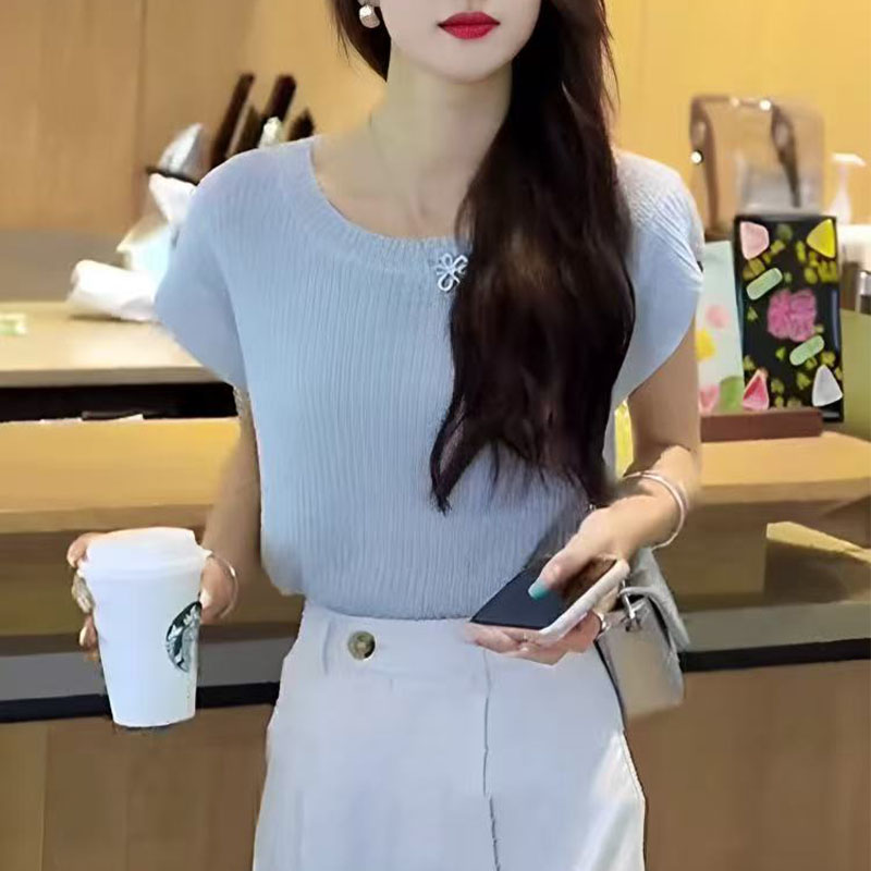 蓝色薄款冰丝短袖t恤女士2025新款爆款夏季后背镂空小衫针织上衣
