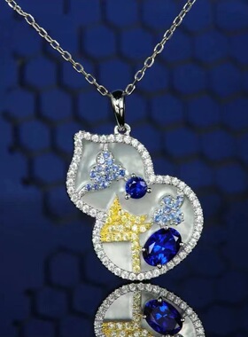 中国风虚竹傲梅幽兰彩宝女 贝母古风蒲扇粉钻项链皇家蓝葫芦吊坠