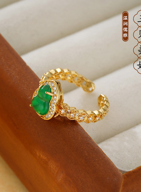 新中式花丝绿玉葫芦戒指女国风小众设计轻奢百搭高级感食指戒