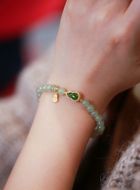 原创设计6mm和田玉圆珠单圈手链女碧玉葫芦吉福款配饰手饰品 批发