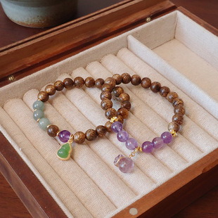 批发天然沉香木紫水晶手链葫芦钱袋挂饰新中式风格文创寺院新爆款