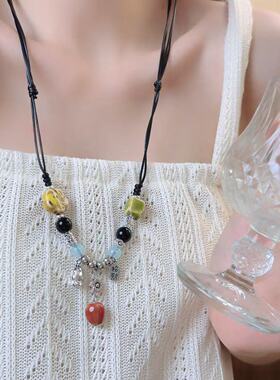 新中式手工陶瓷串珠花朵编绳招财项链女小众长款流苏锁骨链毛衣链