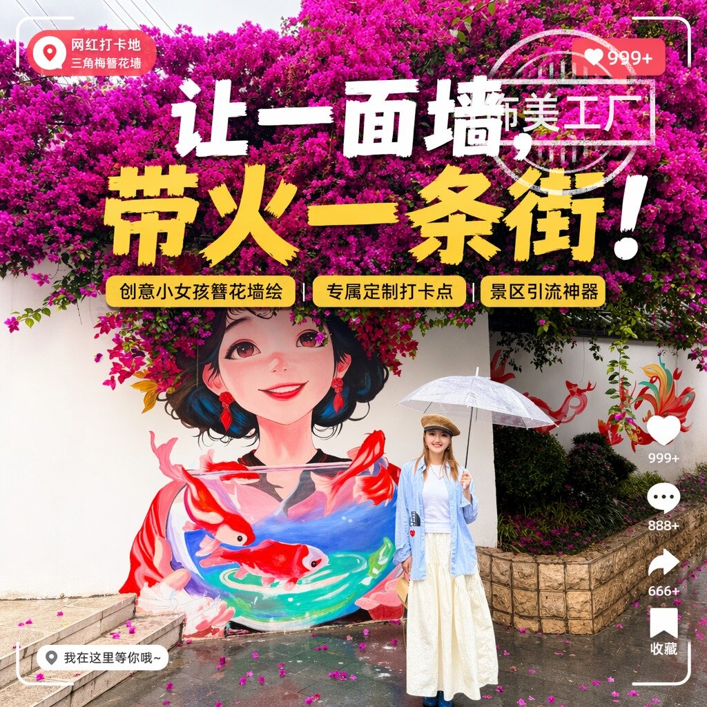 节日打卡点彩绘女孩花艺瀑布墙商场景区公园店铺户外仿真花墙装饰