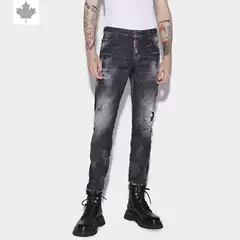 Original European and American Style D2 Jeans for Men, Ripped with Ink Splatter, Unique and Fashionable Slim-Fit Skinny Jeans, Trendy