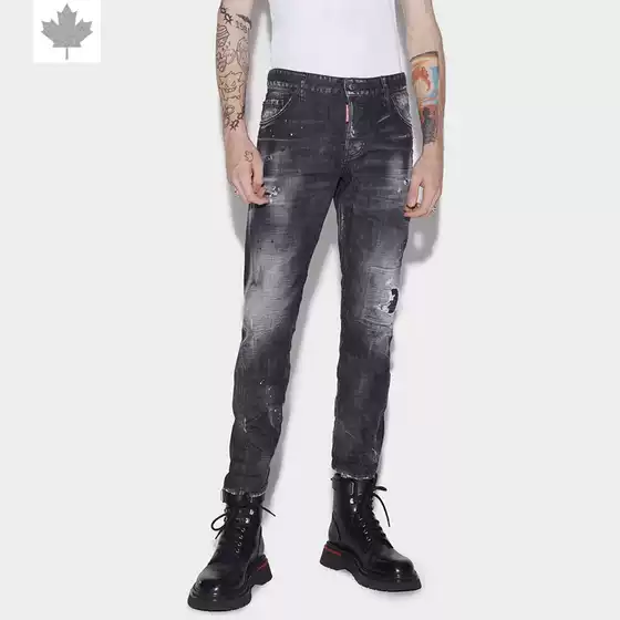 Original European and American Style D2 Jeans for Men, Ripped with Ink Splatter, Unique and Fashionable Slim-Fit Skinny Jeans, Trendy