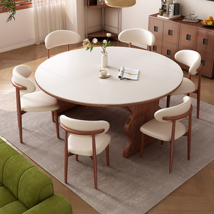 家用小户型饭桌复古客厅可变圆桌实用 实木岩板餐桌中古风2025新款