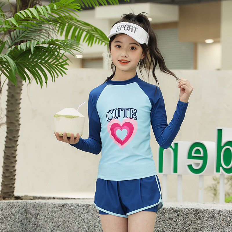 儿童泳衣女大童爱心新款平角长袖分体女孩训练套装冲浪浮潜水母衣