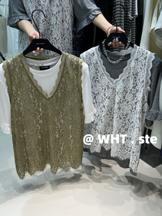 洋气蕾丝叠穿背心 WHT正版 2026春夏新款 韩版 T恤两件套女 显瘦短袖