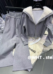 韩版 新款 法式 慵懒风连帽毛领外套 两件套 WHT正版 休闲裤 2025冬季