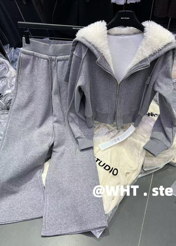 WHT正版2025冬季新款韩版法式慵懒风连帽毛领外套+休闲裤两件套