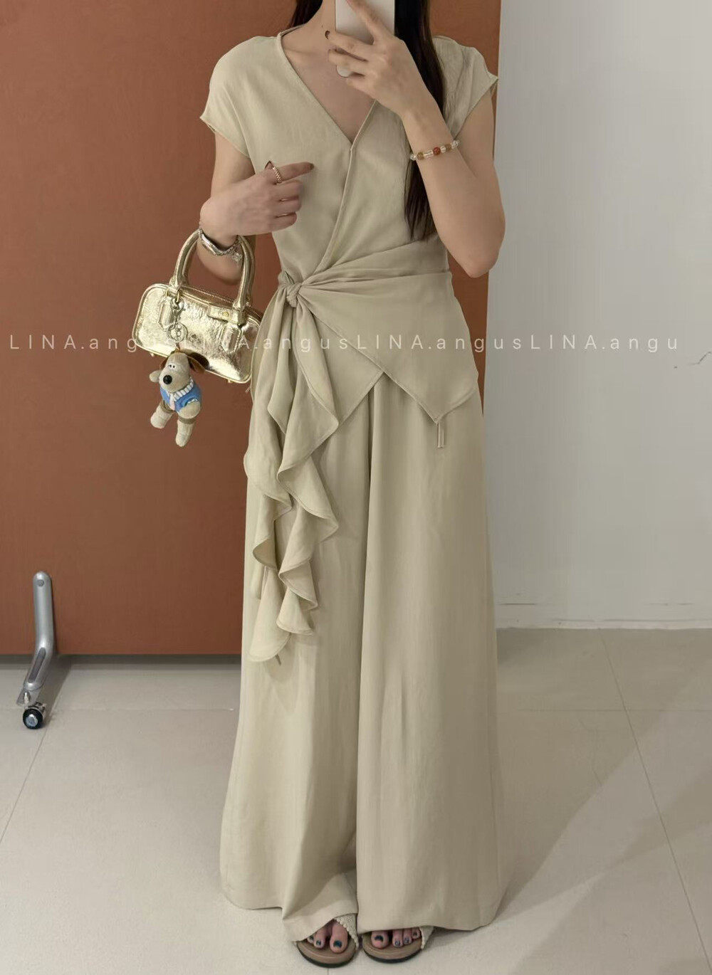 LINA正版2026夏季新款韩版洋气荷叶边绑带上衣+舒适休闲裤两件套