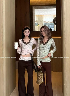 AIMI正版2026春季新款韩版洋气蕾丝波点显瘦T恤+拼接腰头休闲裤女