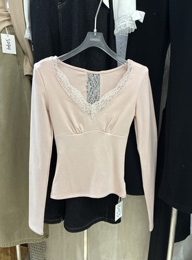 Simida正版2025冬季新款韩版洋气百搭ins纯欲蕾丝边V领磨毛打底衫