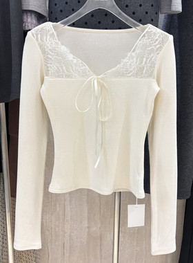 Simida正版2025冬季新款韩版洋气百搭V领系带拼接蕾丝毛感打底衫