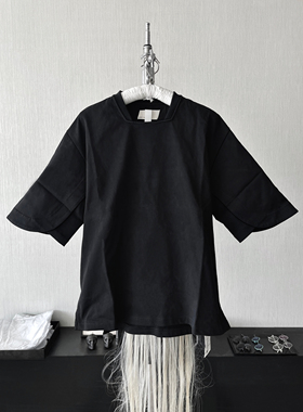 移动庇护所丨解构剪裁设计师小众 黑色方领蒲公英短袖T恤拼接宽袖