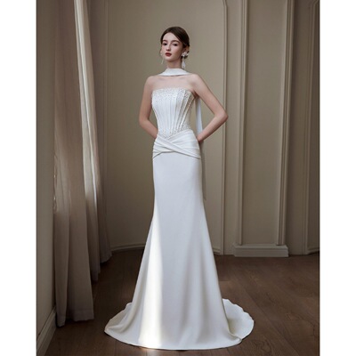 高级定制法国古典冷艳美人气质性感抹胸重工奢华缎面轻婚裙纱芬芳