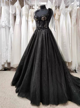 高级定制性感女神气质辣妹神秘感黑色长款拖尾宴会舞会晚礼服新云